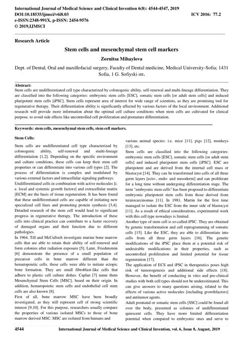 (PDF) Stem cells and mesenchymal stem cell markers