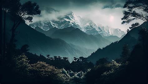 Premium AI Image | Dark Mountain with green trees painting landscape