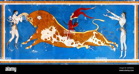 Fresco of bull-leaping (copy of the original) in the Palace of Knossos, Iraklion (Heraklion ...