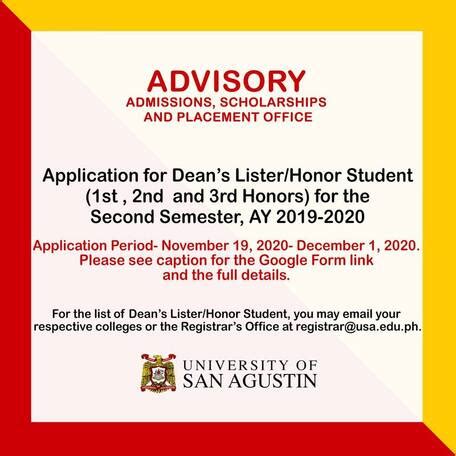 APPLICATION FOR THE DEAN'S LISTER/HONOR STUDENT - UNIVERSITY OF SAN AGUSTIN