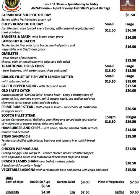 RSL Club Menu, Menu for RSL Club, Perth CBD, Perth - Urbanspoon/Zomato