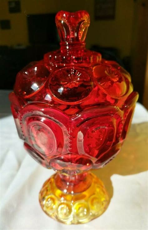 VINTAGE LE Smith Glass Moon & Stars Orange Red Pedestal Candy Compote ...