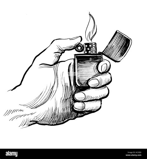 Hand holding a burning lighter. Ink black and white drawing Stock Photo ...