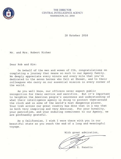 Letter to Rob & Kim from CIA Director Leon Panetta on the Eve of ...