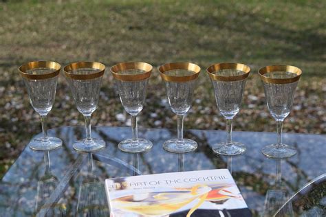 Vintage Gold Rimmed Encrusted Wine Glasses, Set of 6, Gold Rimmed Wine ...