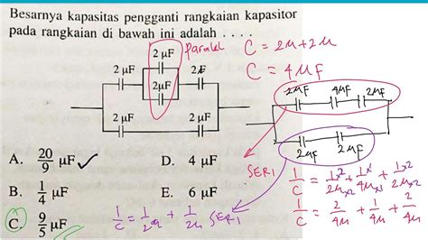 menghitung kapasitas pengganti rangkaian kapasitor seri paralel dari enam buah kapasitor - YouTube
