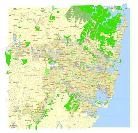 Sydney: Free Printable Map Sydney, Australia, exact vector street map, fully editable Adobe ...