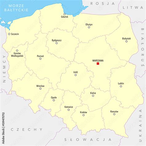 Map of Poland with cities, provinces - names in Polish Stock ...