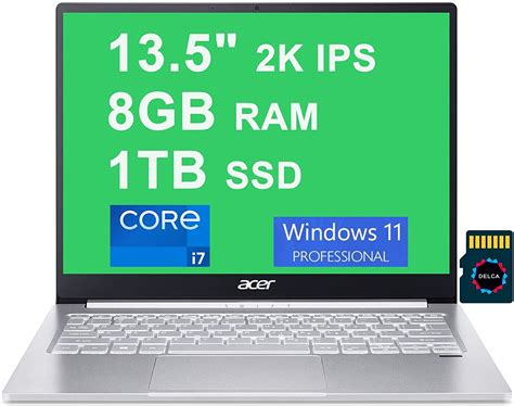 Acer Swift 3 - i7-1165G7 · Xe Graphics G7 · 13.5”, 2K (2256 x 1504), IPS · 1TB SSD · 8GB LPDDR4x ...