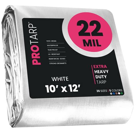 PROTARP 10 ft. x 12 ft. White 22 Mil Heavy Duty Polyethylene Tarp, Waterproof, UV Resistant, Rip ...