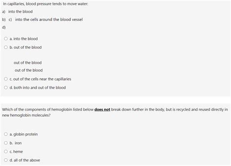 Solved In capillaries, blood pressure tends to move water: | Chegg.com