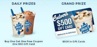 Culver's $50 Gift Card Giveaway - 55 Winners. Grand Prize $500 Winner - Valid Only In AZ, CO, FL ...