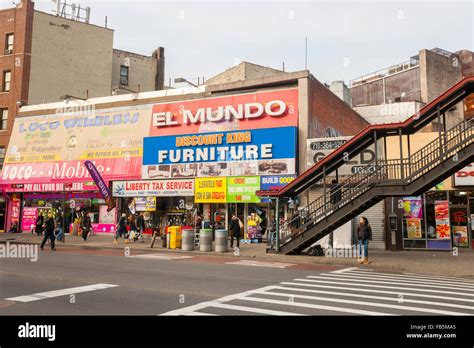 Businesses in the Fordham Road shopping district in the Bronx in New ...