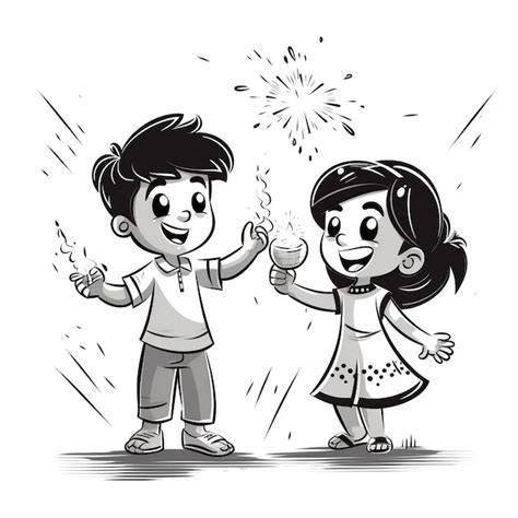 Line art drawing for happy diwali concept Cartoon kids playing crackers Ai Generated | Premium ...