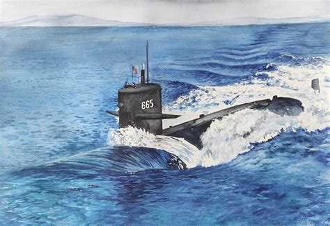 Submarine Painting Watercolor Original US Navy Artwork Seascape Ocean ...