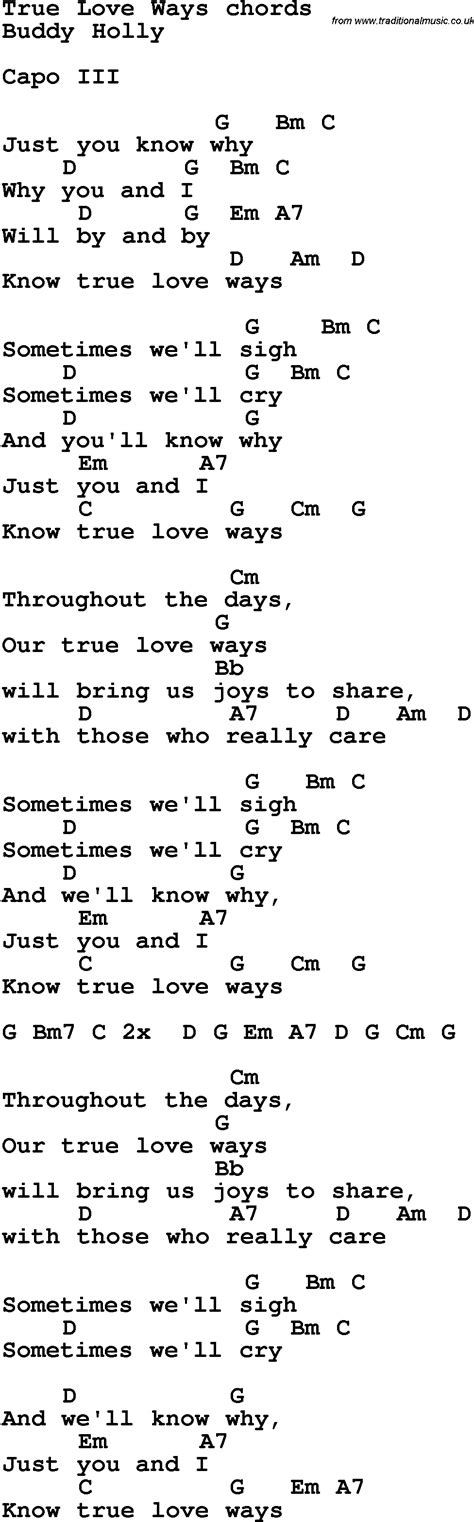 Song lyrics with guitar chords for True Love Ways