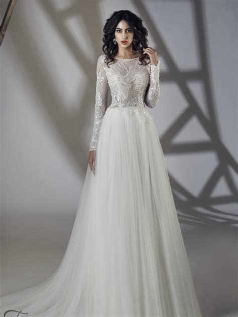 Long Sleeves Lace Soft Tulle Skirt Wedding Dress - Mon Belle Bridal