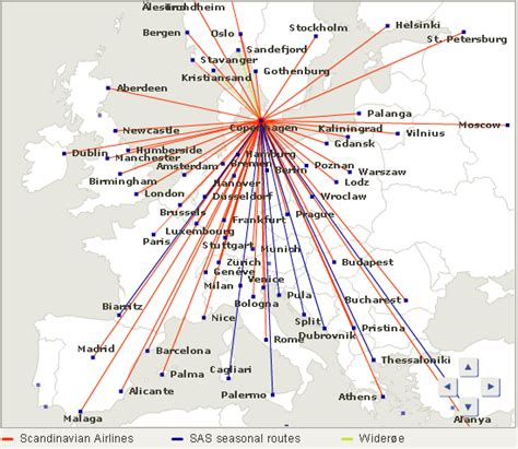 SAS Scandinavian Airlines route map - Europe from Copenhagen