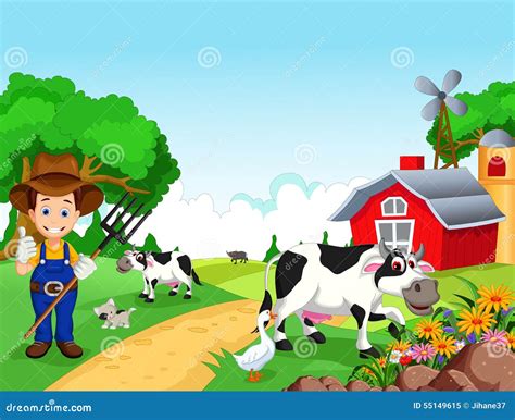 Farm Background With Farmer And Animals Stock Illustration - Image: 55149615