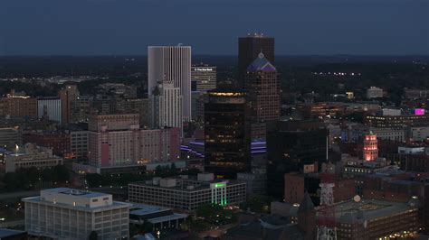 5.7K stock footage aerial video of the city skyline behind First Federal Plaza at twilight ...