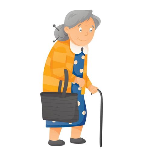 Cartoon old woman with gray hair and walking stick. Vector isolated illustration of grandmother ...