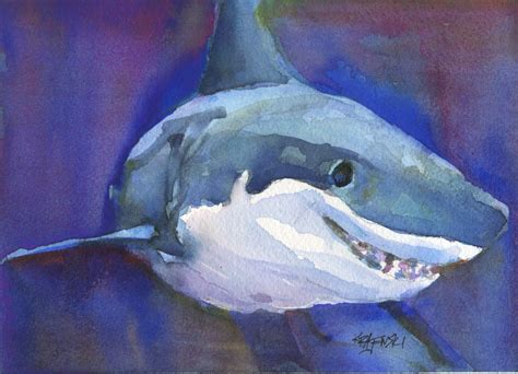 Great White Shark Original Watercolor Painting by dogartstudio