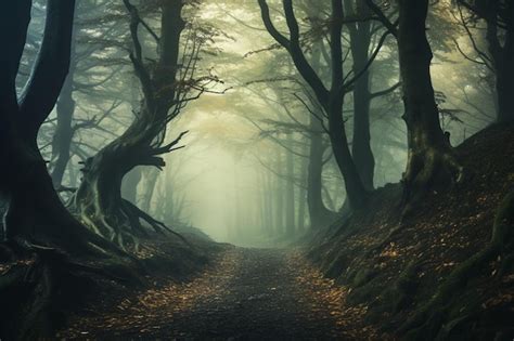 Premium AI Image | A path in a foggy forest with a path leading to the light.