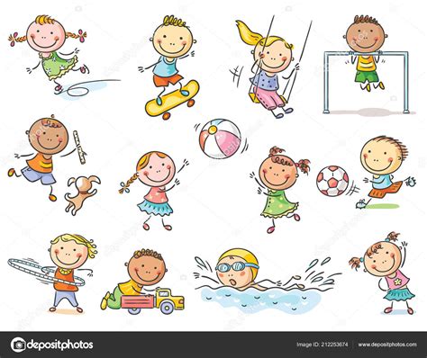 Little Cartoon Kids Activities Playing Outdoor Games Going Sports Set Stock Illustration by ...