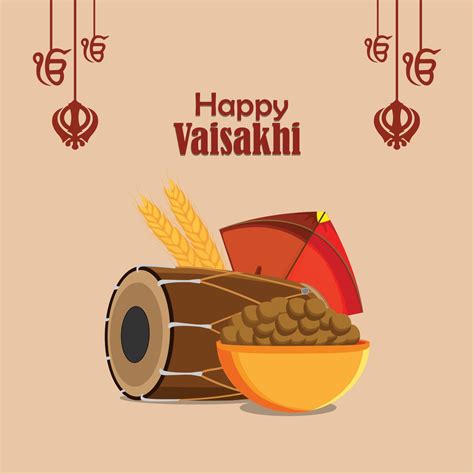 Vaisakhi flat greeting card and template with illustration and drum ...