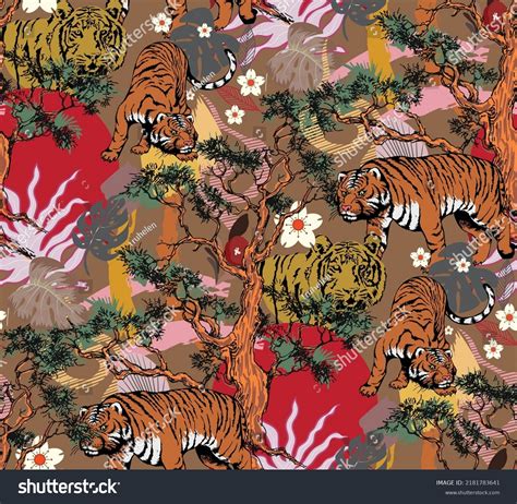 Seamless Pattern Tiger Flowers Suitable Fabric Stock Vector (Royalty ...