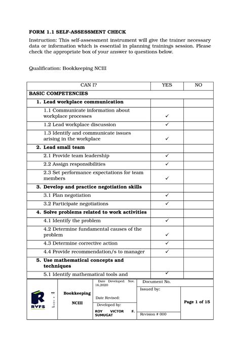 TESDA Training needs analysis form for bookkeeping NCIII - FORM 1 SELF ...