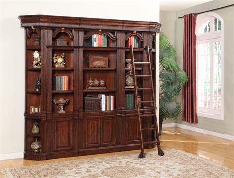 Parker House Wellington Library Bookcase Wall with Ladder in Brown Mahogany