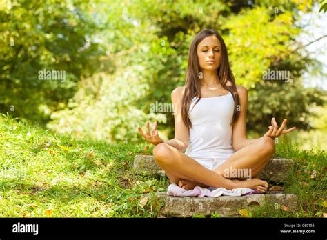 Woman Yoga Meditation Forest Nature Stock Photo - Alamy