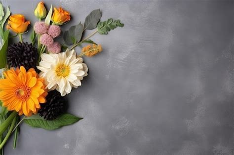 Premium AI Image | Flower arrangement on a grey layflat