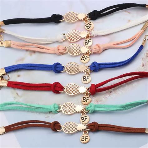 Best Friend Fashion Bracelet gift 6 Colors Women Girls Faux Leather Rope Hollow Pineapple Letter ...