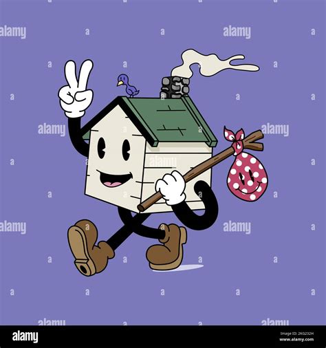 An illustration of a smiley house wearing boots and carrying a hobo stick against a purple ...