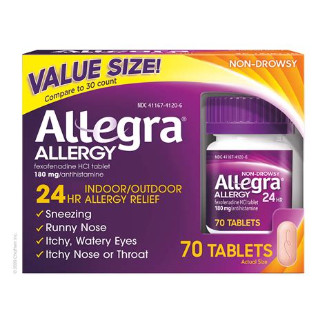 Allegra Adult Non-Drowsy Antihistamine Tablets, 70-Count, 24-Hour Allergy Relief, 180 mg- Buy ...