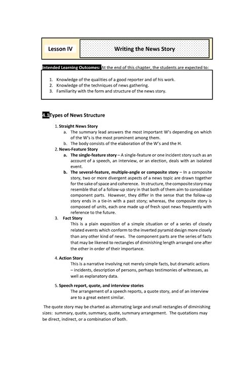 Lesson 4 Writing the News Story - pw Intended Learning Outcomes: At the end of this chapter, the ...