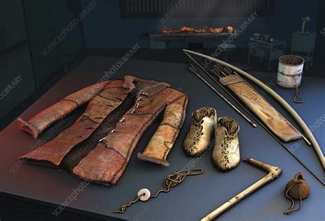 Otzi the Iceman's clothing and tools, illustration - Stock Image - C045/9017 - Science Photo Library