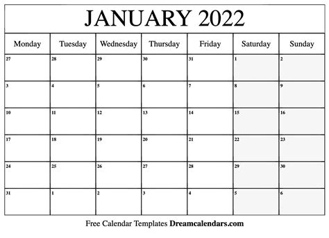 January 2022 Calendar - Free Printable with Holidays and Observances