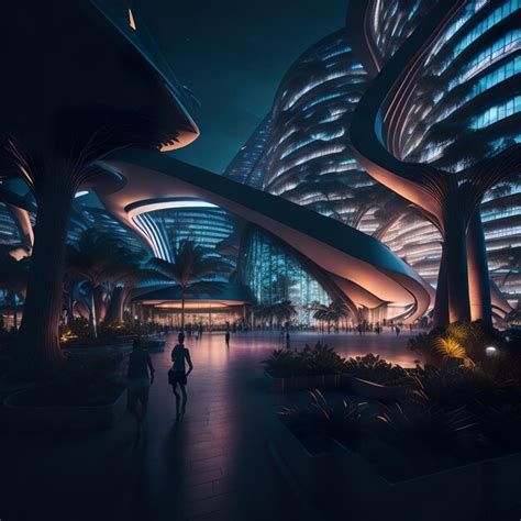 Premium AI Image | A night scene of a futuristic city with a building and people walking in the ...