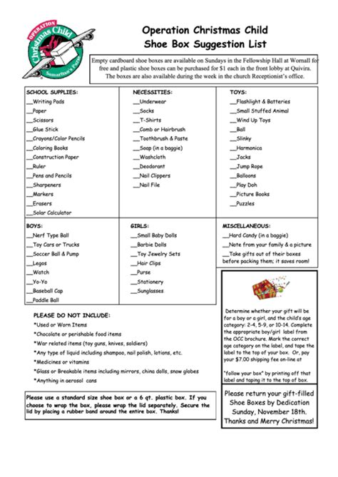 Operation Christmas Child Shoe Box Suggestion List printable pdf download