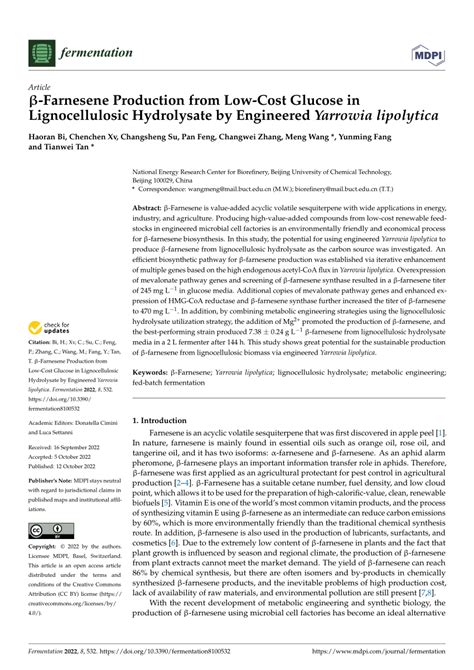 [PDF] β-Farnesene Production from Low-Cost Glucose in Lignocellulosic ...