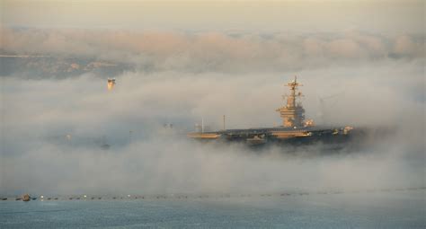 Aircraft carrier USS Carl Vinson enveloped in fog.[47722x2572] : r ...