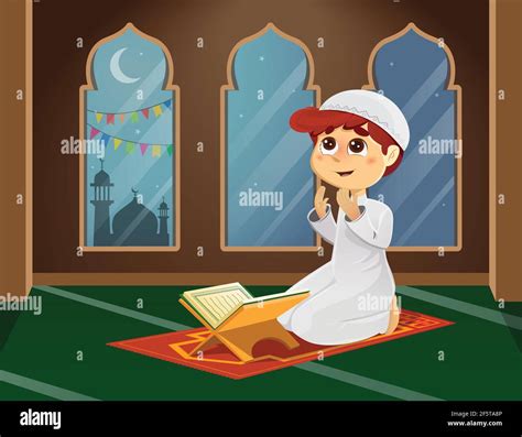 Vector Illustration of Muslim Boy Praying in Mosque Stock Vector Image ...