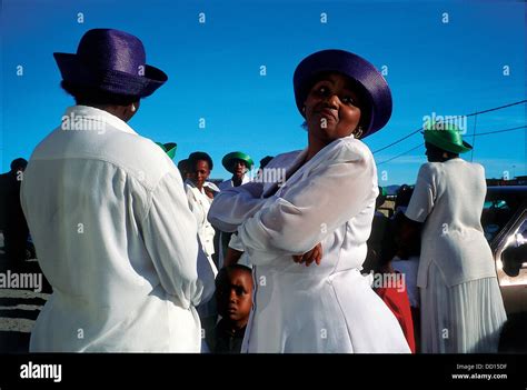 Apostolic Church choir members congregate outside prefabricated Stock ...