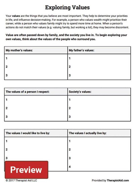 Exploring Values | Worksheet | Therapist Aid | Therapy worksheets ...