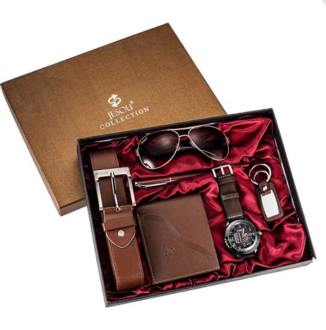 6pcs Men's Gift Set With Box Brown Leather Belt Wallet Watch Glasses Keychain Ballpoint Pen ...