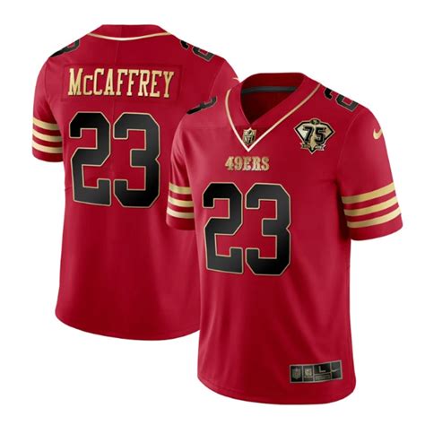 Men's San Francisco 49ers #23 Christian McCaffrey Red Gold With 75th ...