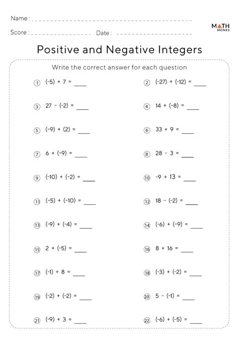 Integers Worksheets - Math Monks